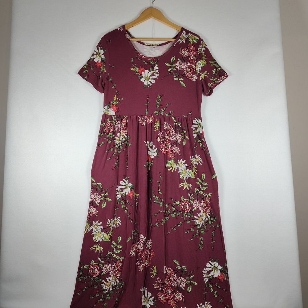 VIISHOW Burgundy Floral Maxi Dress Short Sleeve Empire Waist Pockets 2XL